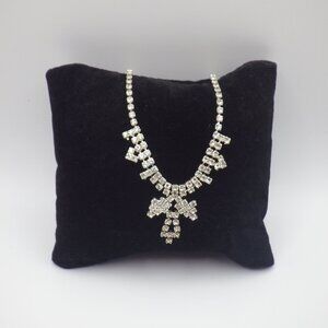 Silver Tone Bridal Y-Drop Necklace Delicate/Simple Rhinestone Bow 14"